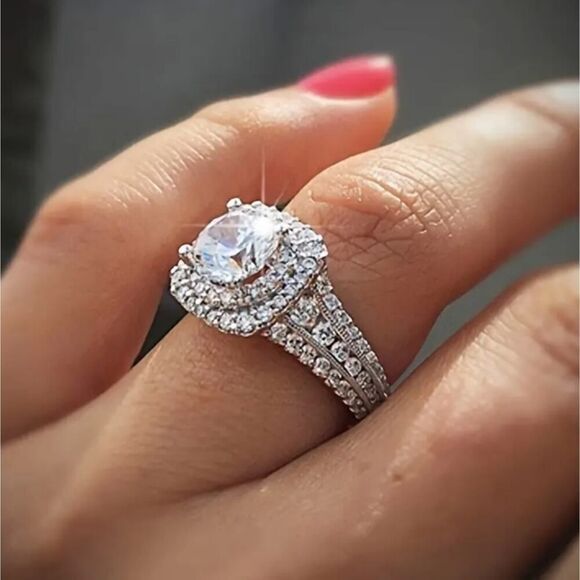 Classy Ring Square Halo Design Paved Full Shiny Zircon Silver Tone Ring - Picture 8 of 8